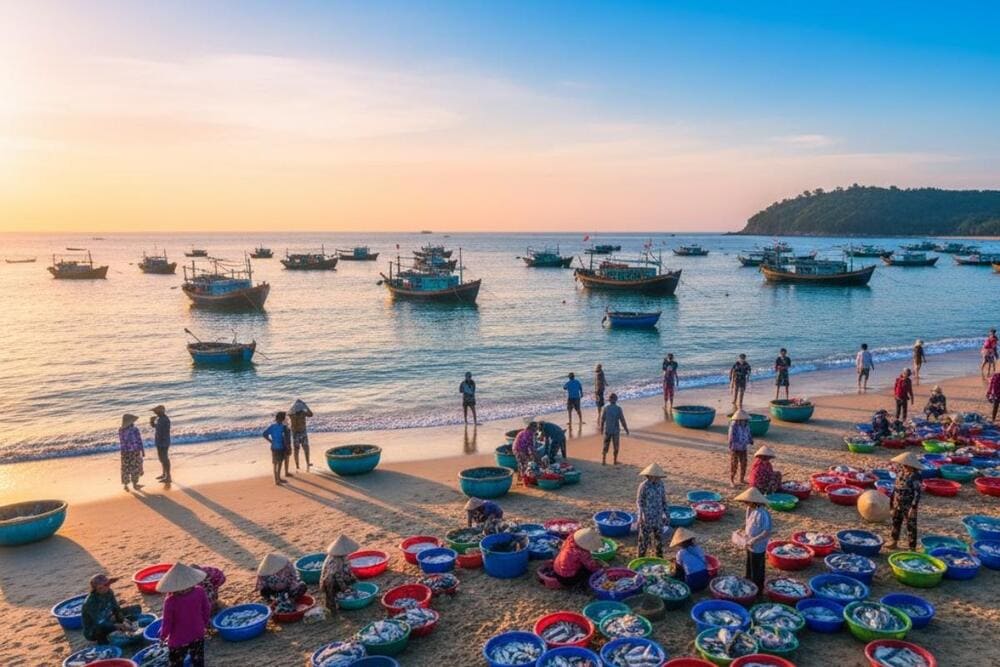 Bà con họp chợ hải sản sáng sớm tại làng chài Kê Gà Bà con họp chợ hải sản sáng sớm tại làng chài Kê Gà